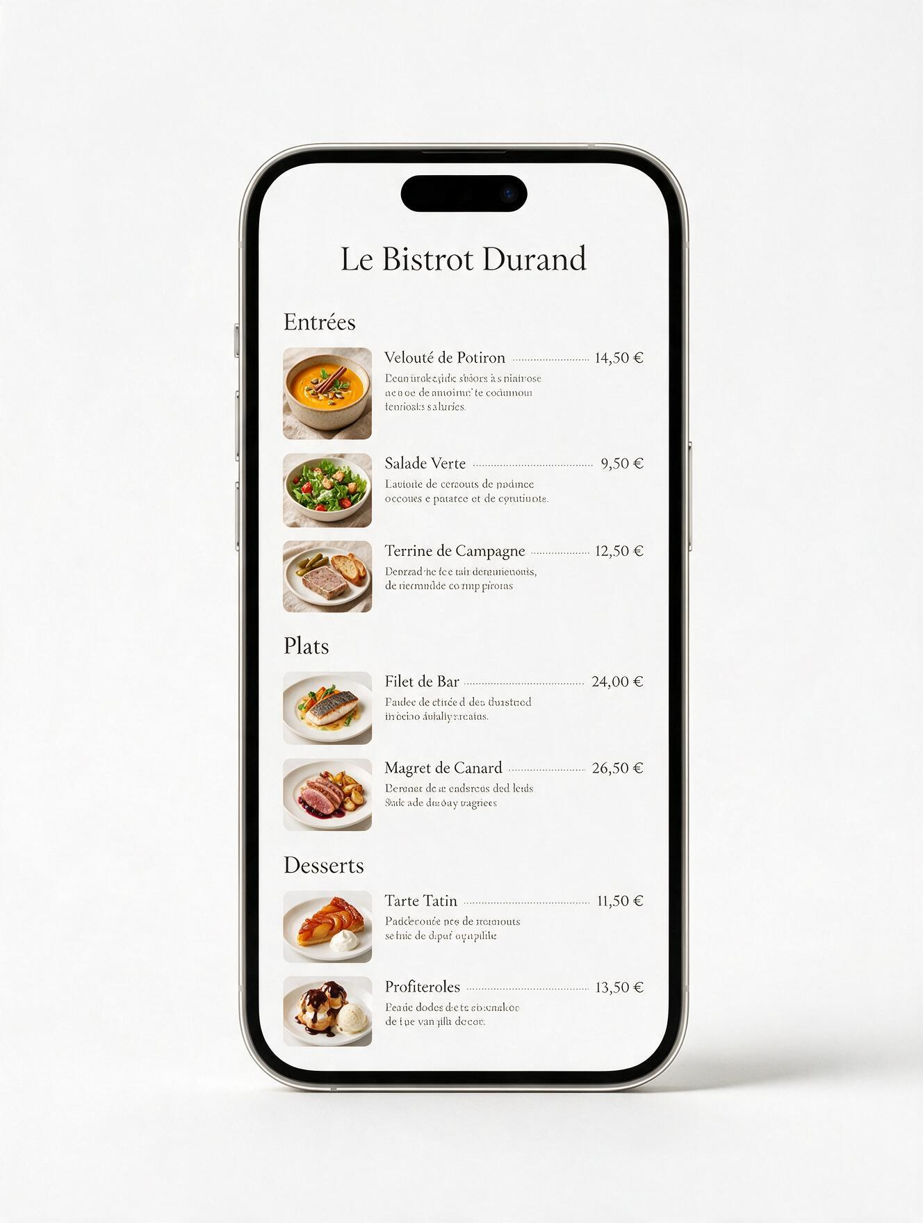 Design menu Moderne